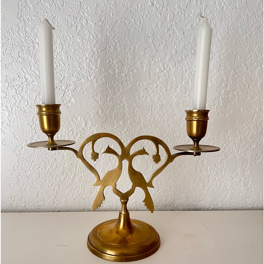 Vintage Stylized Brass Peacock Bird Candelabras Candle Holder